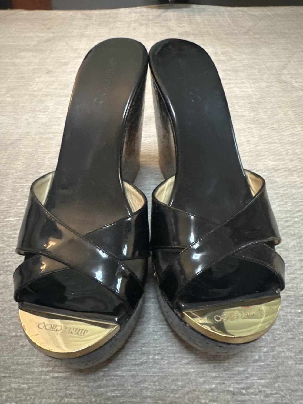Jimmy Choo Pandora Black Patent Crisscross Cork Wedge Slide Sandals 37.5